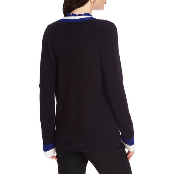 NWOT Court & Rowe Black Wool-Blend V-Neck Stripe Trim Cardigan Sweater - Picture 3 of 9